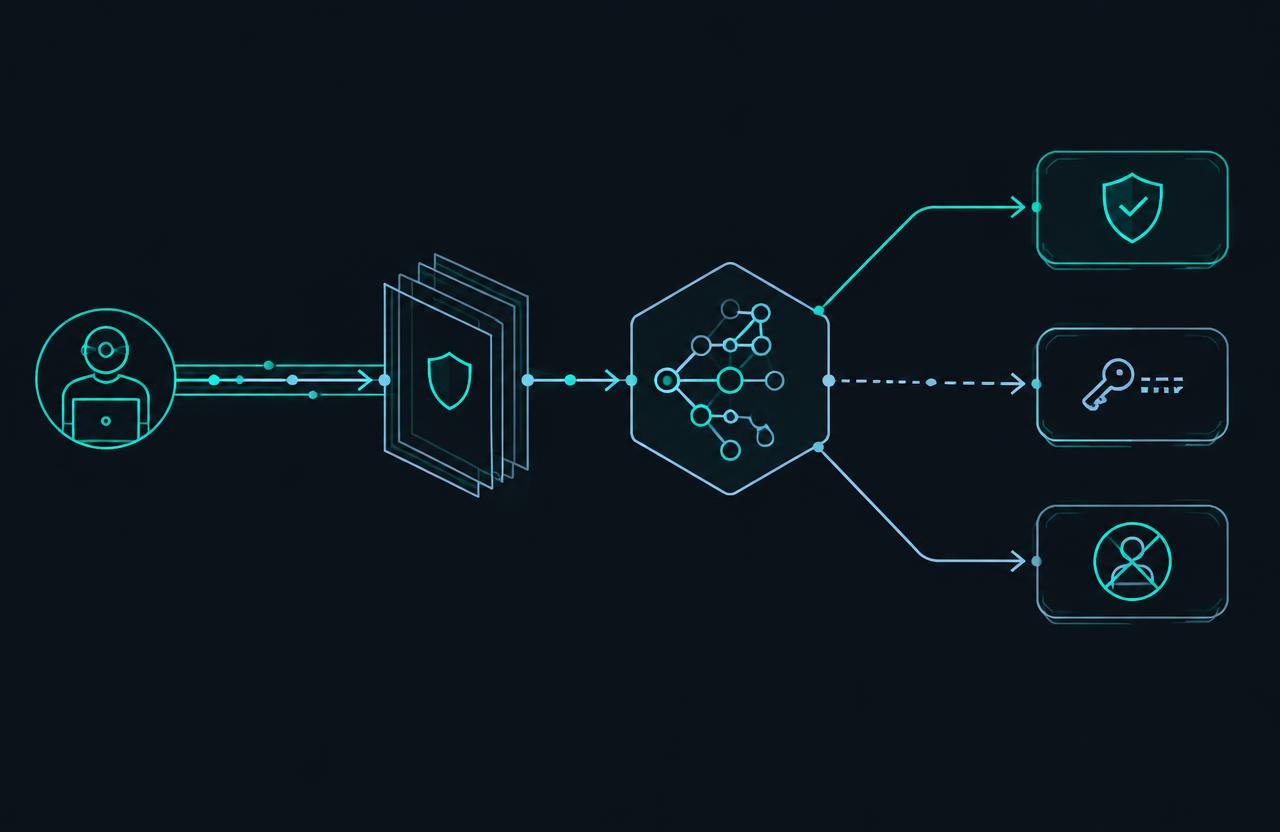 Agent request passing through an interceptor and intent graph before branching to enforcement outcomes